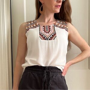 Alya Geometric Embroidered 100% Rayon Sleeveless Blouse Flowy Top Small